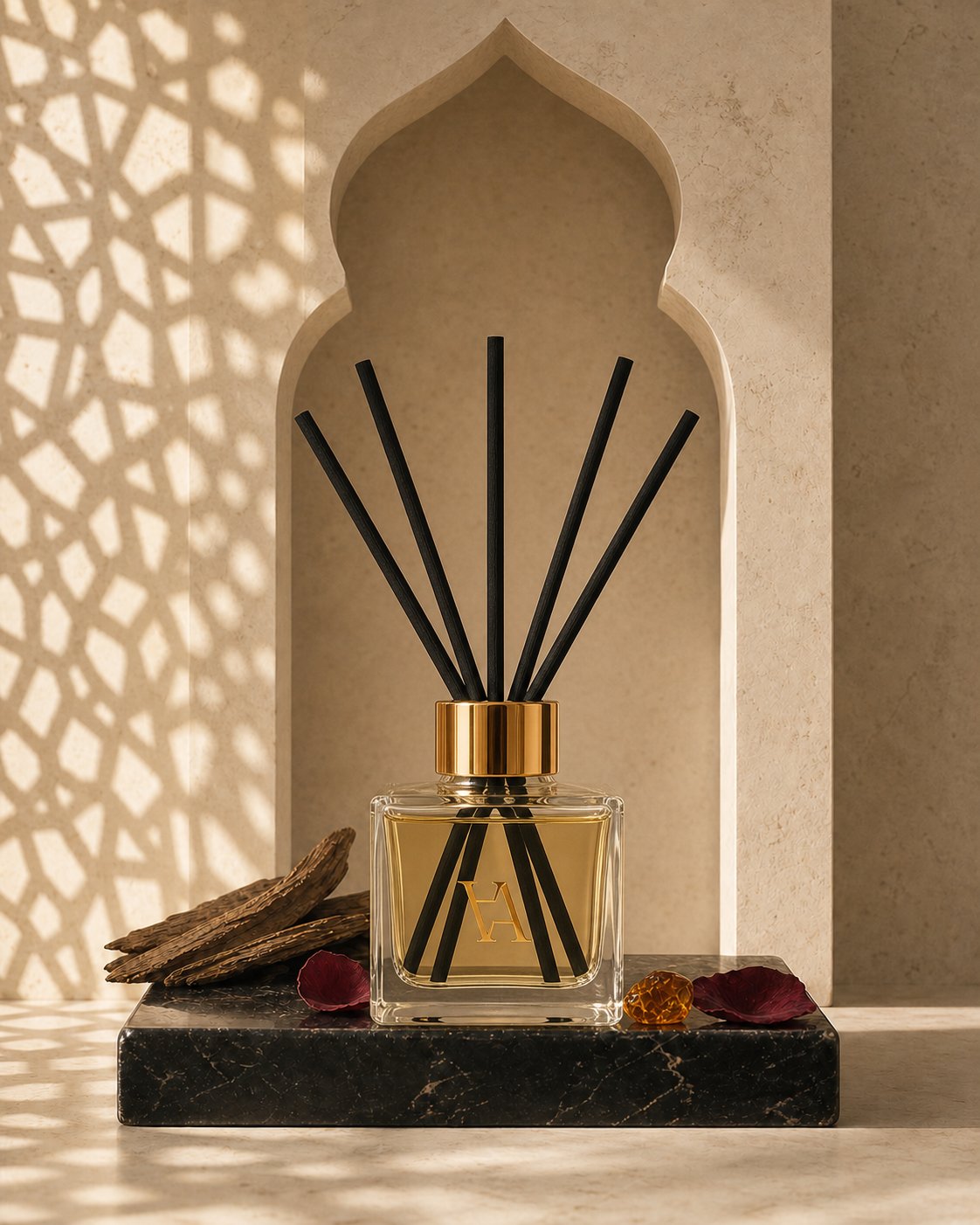 Arabian Aromas clear glass reed diffuser with golden fragrance oil